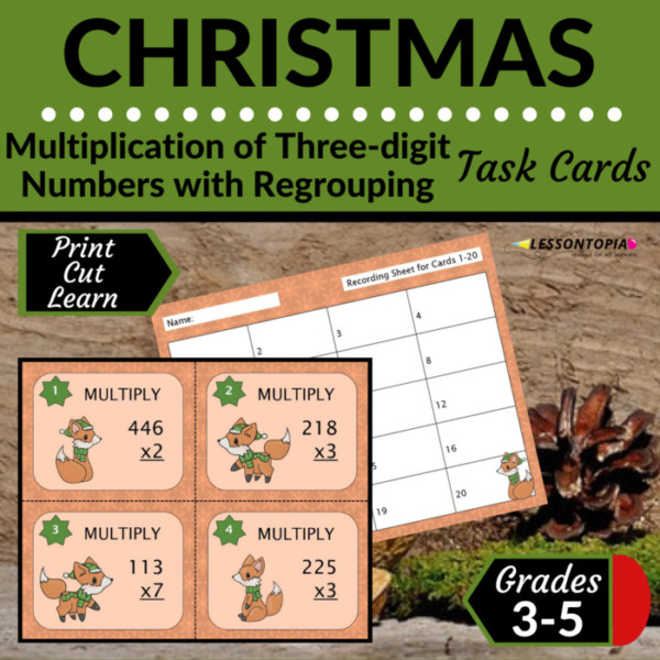 3-Digit Multiplication | Task Cards | Christmas