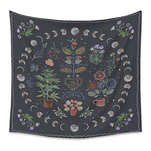 Senledas Botanical Moon Phase Tapestry, Moonlit Garden Wall Hanging Nature Floral Plant Tapestries Mysterious Tapestry Gift Art Home Bedroom Decor Living Room Wall Art Tapestry (51.2ʺ x 59.1ʺ)