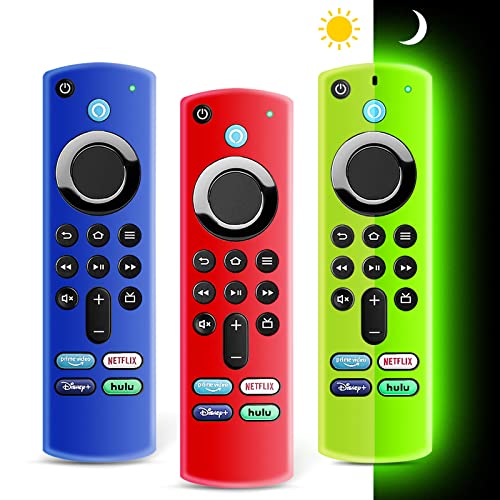 (3 Pack) ONEBOM Firestick Remote Cover 3rd Gen with Alexa Voice Remote 4K/4K Max,Fire TV Stick Cover Glow in The Dark,Anti Slip Silicone Protective Case with Lanyard(Glow Green&Blue&Red)