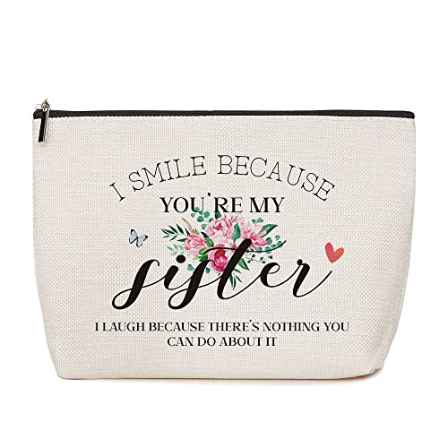 HOWDOUDO Best Birthday Gifts for Sister, Sister Gifts From Sisters | I Smile Because You’re My Sister | Christmas Thanksgiving Gifts for Sister, Unique Gift Idea, Toiletry Bag for Women
