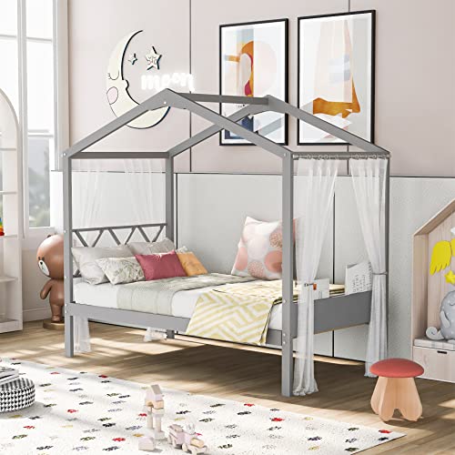 Harper & Bright Designs Twin House Bed for Kids, Wooden House Bed with Storage Shelf and Roof, Kids House Twin Bed Frame for Girls, Boys No Box Spring Required (Twin, Gray)