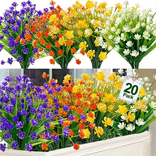 20 Bundles Artificial Flowers for Outdoor Decoration, Spring Summer Decoration UV Resistant Faux Outdoor Plastic Greenery Shrubs Plants Fake Flowers Hanging Planter Home Garden Decor(Mix Colors)