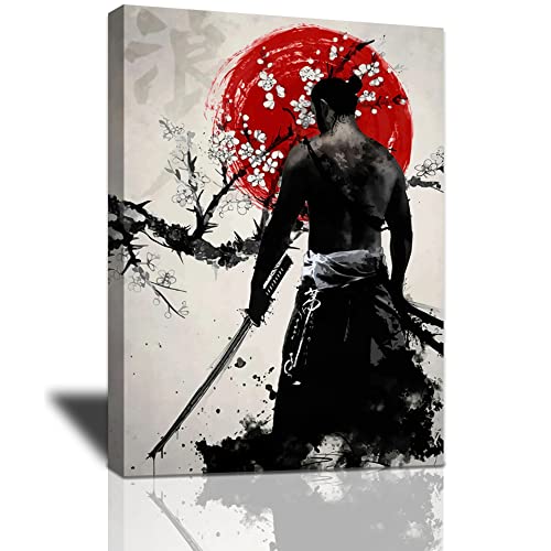Japanese Samurai Wall Art Warrior Black and White Canvas Prints Japanese Culture Painting Wall Decor Framed Artwork Modern Home Decor For Office Gym Classroom Bedroom Ready to Hang 24×16 inch