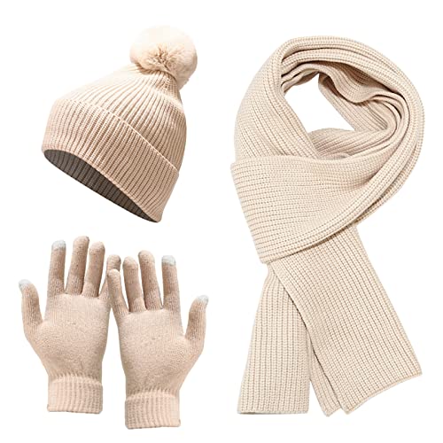 3 in 1 Cycling Skiing Knit Hat Scarf Gloves Sets Winter Warm Knitted Adult Windproof Hat for Men Women (Beige, one Size)