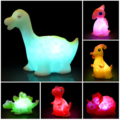 SULOLI 6 Packs Light-Up Floating Dinosaur Bath Toys, Flashing Color Changing Light in Water Bathtub Shower Toy for Toddlers