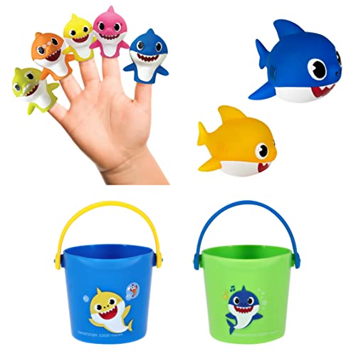 Nickelodeon Pink Fong Baby Shark Bath Toys Set for Children’s Tub Time – Cups, Finger Puppets, and Bath Squirters, Blue/Green, 9 Pieces