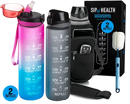 HOME OF SPOILS 2 PACK: 32oz Water Bottles with Times to Drink – Motivational Water Bottles With Straw- Water Bottle With Straw and Measured Timed Water Bottle 32 oz w/ Straw, BPA-Free, Leakproof