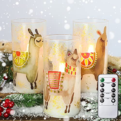 MELTONE Valentines Decorations Flameless Candles with Remote Control, Alpaca Decal Glass LED Candles, Flickering Battery Powered Candles for Party Bedroom Christmas Spring Room Decorations – Set of 3