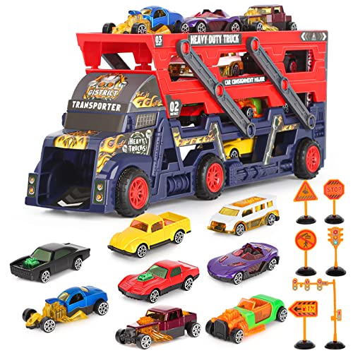Aoskie Transport Car Carrier Truck Toy for Boys and Girls, Hauler Launch Vehicles Play Set with Mini Cars and Road Signs
