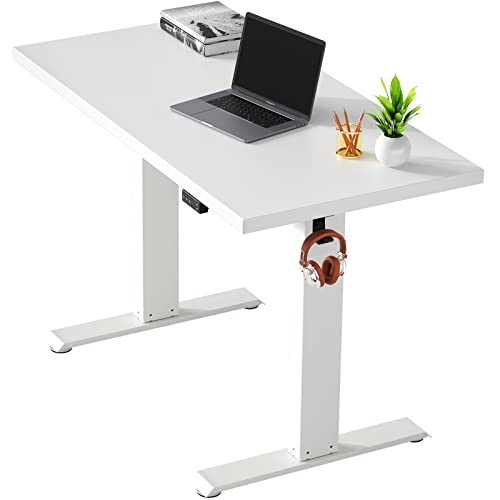 TEMPSPACE Electric Standing Desk 48 x 24 Inches, Adjustable Height Computer Desk, Whole Piece Board Sit Stand Desk for Home Office, Memory Preset White Frame + White Top 0.7”