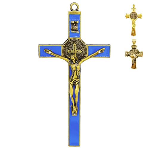 rnuie Jesus Crucifix Cross Metal Wall Decor,Saint Benedict Cross Pendant Christian Decor,Religious Wall Decor Cross for Home,Church,Catholic Gift-7.67Inch (Blue)
