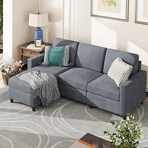 SUNLEI Convertible Sectional Sofa Couch L-Shaped Couch with Modern Linen Fabric 3-Seat Sofa Sectional with Reversible Chaise for Living Room/Small Space(Bluish Grey)