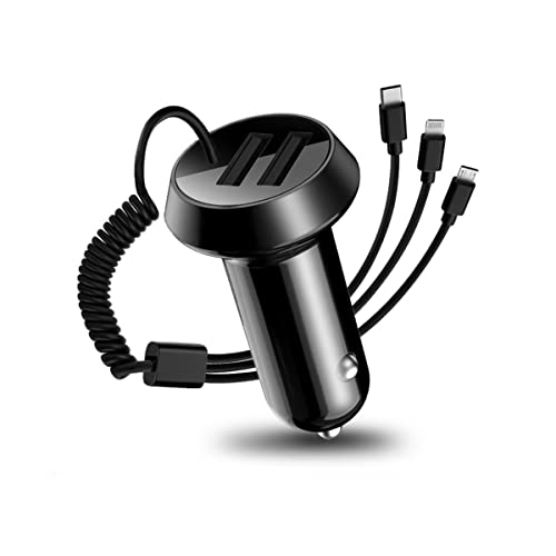 Quick Charge Car Charger, Dual Ports Car Charger Adapter with Stretchable Cable and 3 in 1 Fast Charging Cord for iPhone 13/Pro Max/Pro, 12/11, Samsung Galaxy, iPad, Camera for Most Cars (Black)