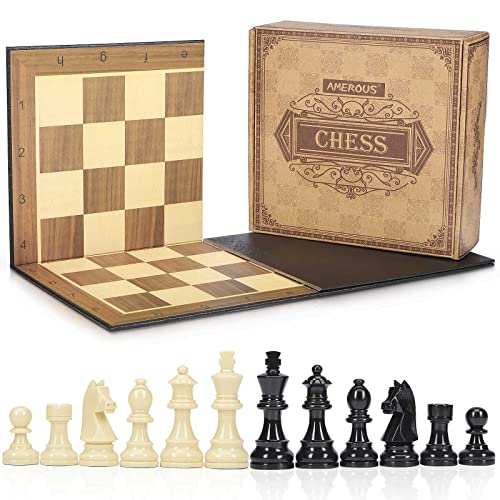 AMEROUS Upgraded Weighted Chess Pieces with 3.0 Inch King / Extra Bonus Folding Portable 15 inch Chess Board / 2 Extra Queens / 2 Storage Bag for Chessmen / Chess Board Game Set for Beginner