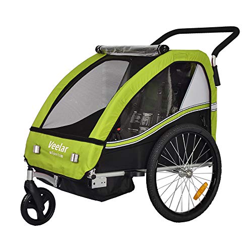 Veelar Bike Trailer & Stroller 2 in 1 Double Seat for Toddlers, Kids, Child Bicycle Carrier Jogger (Green/Black)