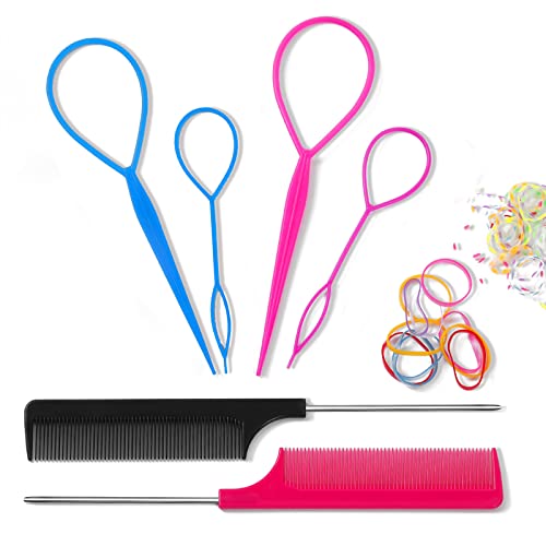 6Pcs Hair Loop Tool Set with 4 Hair Tail Tools French Braid Tool Loop 2 Metal Pin Rat Tail Comb for Hair Styling, 100 Colored Children Rubber Bands. Schembo