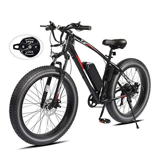 PEXMOR Electric Bike for Adult, 26″ x 4.0 Fat Tire Electric Bicycle EBike 500W 48V 13AH Removable Battery w/Lockable Suspension Fork, 20MPH Electric Mountain Bike Shimano 7 Speed Dual Disc Brake(Red)