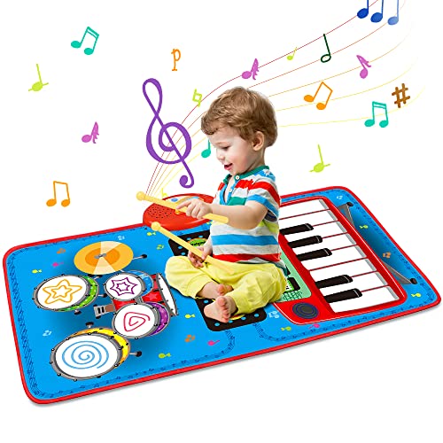 Baby 2 in 1 Musical Mats-Piano Keyboard & Drum for Toddlers-Early Education Portable Touch Musical Play mat-Learning Toys Gifts for 1 2 3 4 5+ Ages Baby Girls Boys Toddler（27.2“ x 17.5“）