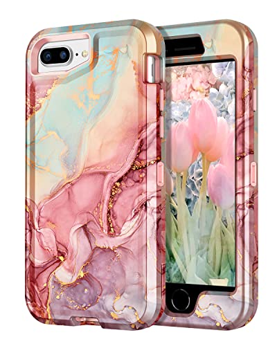 CASEFIV for iPhone 8 Plus Case, iPhone 7 Plus Case, iPhone 6 Plus Case, iPhone 6s Plus Case, Marble Heavy Duty Shockproof Full Body Hard PC+Soft Silicone Drop Protective Women Girls Case, Rose Gold
