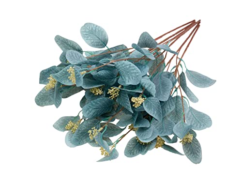 RUJIU 6 Pieces/lot Artificial Plants Fake Eucalyptus Leaves of Bouquet for Bride Home Table Garden Decoration (Light Blue)