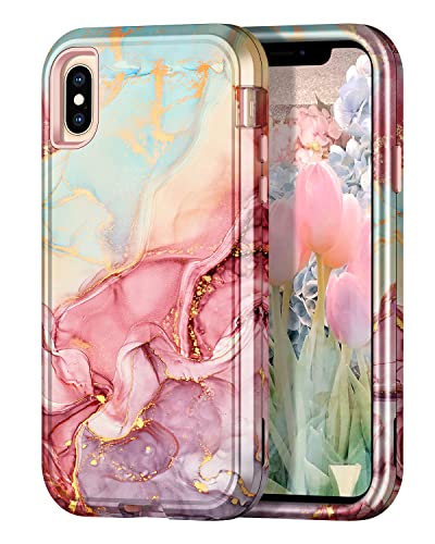 CASEFIV Compatible with iPhone Xs Max Case,Marble Pattern 3 in 1 Heavy Duty Shockproof Full Body Rugged Hard PC+Soft Silicone Drop Protective Women Girls Cover for iPhone Xs Max, Rose Gold