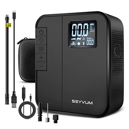 SEYVUM Tire Inflator Portable Air Compressor, [Cordless & 150PSI Fast Inflation] Tire Pump with 3*2000mAh Battery, Digital Pressure Gauge, 12V DC Air Pump for Car Tires, Bicycles and Other Inflatables