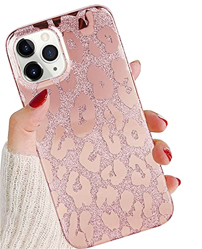 J.west iPhone 11 Pro Case 5.8-inch, Luxury Sparkle Glitter Leopard Cheetah Print Design for Women Grils Shiny Silicone Cover Soft TPU Slim Protective Phone Case Cover Rose Gold