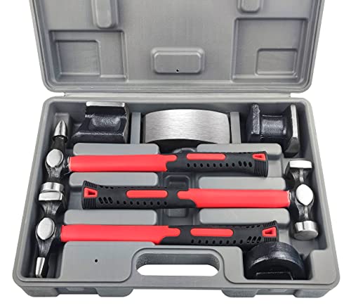 C&T Auto Body Repair Tool Hammer Dolly Set 7 Piece, Car Body Repair Tool Kit with Carrying Case, Carbon Steel Dolly and Hammer Dent Body Fender Tool Set