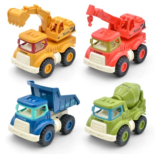 NOIBARA Car Toys for Boy, Construction Toy Trucks for Toddlers Including Dump/ Excavator/ Mixer/ Crane, Christmas Birthday Gifts for Boys, Kids Friction Powered Car Toys