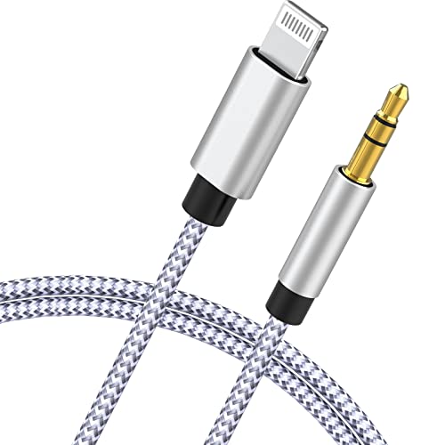 [Apple MFi Certified] iPhone AUX Cord for Car Stereo, Veetone 3FT Lightning to 3.5mm AUX Audio Braided Cable for iPhone 14/13/12/11/XS/XR/X 8/iPad/iPod to Speaker, Home Stereo, Headphone(White+Silver)
