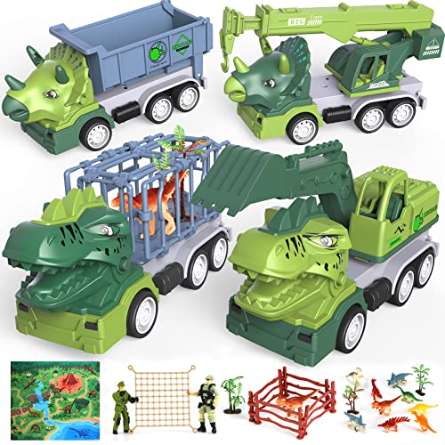 Yoocaa Dinosaur Toys for Kids | Dinosaur Monster Truck with Roaring Sounds | Construction Vehicles Toys Cars Playset with Playmat | Educational Toys Gifts for Boys Toddler 3,4,5,6 Years Old (24 Pcs)