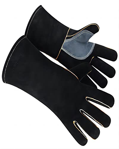 Esuphands Welding Gloves Heat/Fire Resistant Leather For Stick Mig Tig Forge BBQ Grill Fireplace Wood Stove Furnace Oven Pot (black gray)
