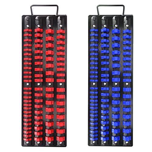 AIRTOON 80-Piece Portable Socket Organizer Tray, 2 Pcs Set, Blue & Red, Tools Organizer 1/4-Inch, 3/8-Inch, 1/2-Inch, Heavy Duty Socket Holder, Black Rails, Blue & Red Clips