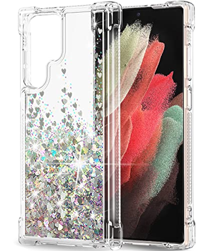 SunStory Compatible with Samsung Galaxy S22 Ultra Case Glitter Clear (6.8 inch), Moving Shiny Quicksand Cover for Galaxy S22 Ultra 5G(6.8″)(S22 Ultra Case-Silver, Samsung Galaxy S22 Ultra (6.8″))