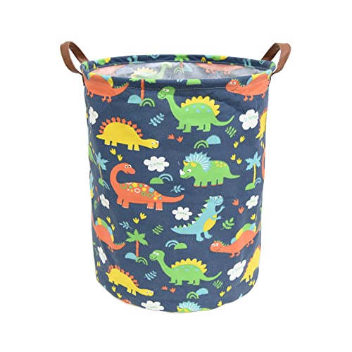 Foldable Laundry Hamper – JIAGAYI Large Round Waterproof Organizer with Handles,Home Storage,Room Toys Books Bin,Bedroom Clothes Nursery Basket.（Blue Dinosaurs）