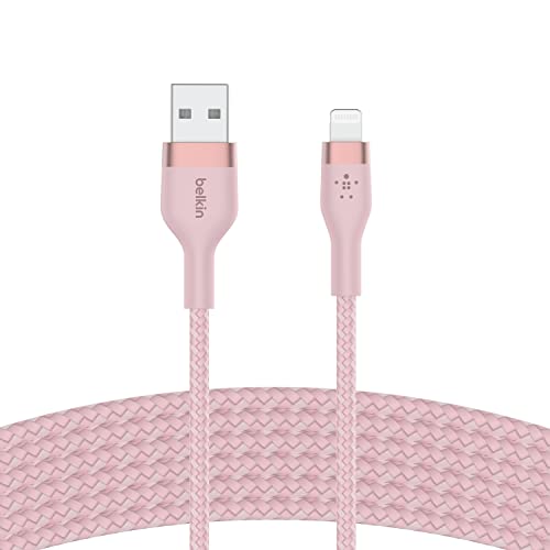 Belkin BoostCharge Pro Flex Braided USB Type A to Lightning Cable (3M/10FT), MFi Certified Charging Cable for iPhone 14, 13, 12, 11, Pro, Max, Mini, SE, iPad and More – Pink