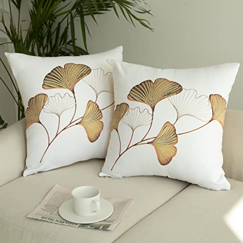 Gold Ginkgo Biloba Leaf Throw Pillow Cover Set of 2 Golden Leaves Plant Decoration Pillow Cases Accent Couch Cushion Cover for Outdoor Sofa Bedroom Living Room Home Decor, 20″x 20″ White