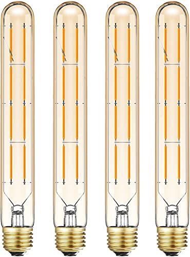 Dimmable Led Tubular Bulb,8.9inch Long Tube Edison Light Vintage Filament Bulb 8W,75W Equivalent,2700K Warm White,Amber Glass Cover E26 Medium Base. (4-Pack)