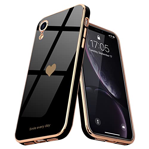Teageo Compatible with iPhone Xr Case for Women Girl Cute Love-Heart Luxury Bling Plating Soft Back Cover Raised Full Camera Protection Bumper Silicone Shockproof Phone Case for iPhone Xr, Black