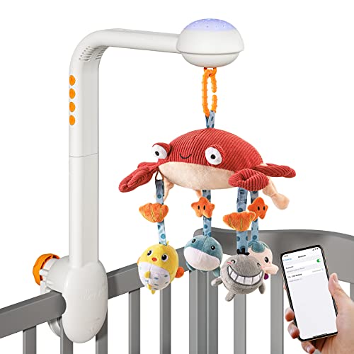 TUMAMA Baby Crib Mobile, Crib Toys with Projection Night Light, Music and White Noise, Soft Plush Mirror Hanging Toys,Mute Spin Motor Nursery Toys for Infant 0 3 6 9 Month Newborn Xmas Gift (Crab)