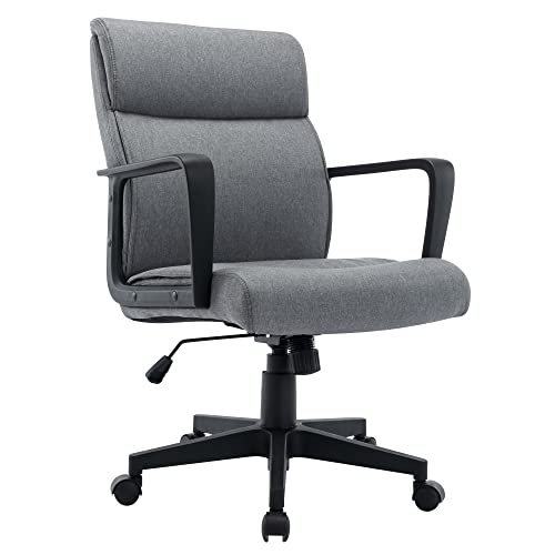 Home Office Chair, Desk Chair Adjustable Ergonomic Executive Computer Task Game Armchair, Swivel Rolling Chair, Inner Spring Cushion Lumbar Support Mid Back Fabric Material with PP Arms, Grey