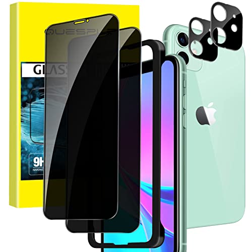QUESPLE [2+2 Pack] 2 Pack Privacy Screen Protector for iPhone 11 with Installation Frame and 2 Pack Camera Lens Protector[Anti-Spy][Anti-Scratch] 9H Tempered Glass