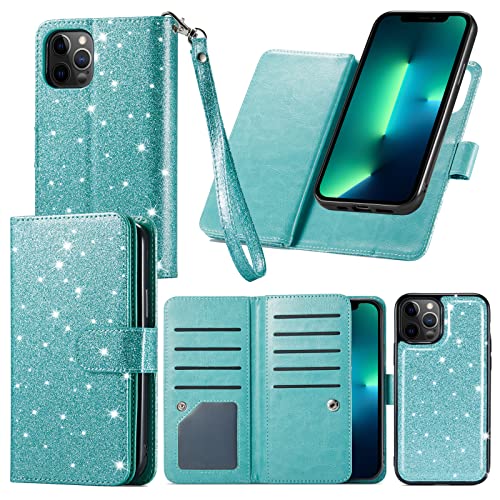 Varikke for iPhone 13 Pro Max Case Wallet, iPhone 13 Pro Max Case for Women with 9 Card Holder & Magnetic Detachable Cover & Kickstand Strap Glitter PU Leather Flip Wallet Case iPhone 13 Pro Max, Mint