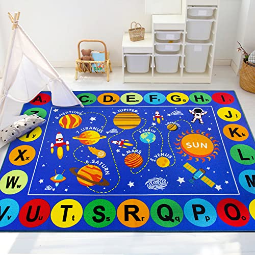 Capslpad Outer Space Kids Rug ABC Alphabet Educational Learning Area Rug 5’0″ x 6’6″ Non Slip Solar System Galaxy Planets Play Rug Carpet for Children and Kids Bedrooms,Playroom,Nursery Room Decor