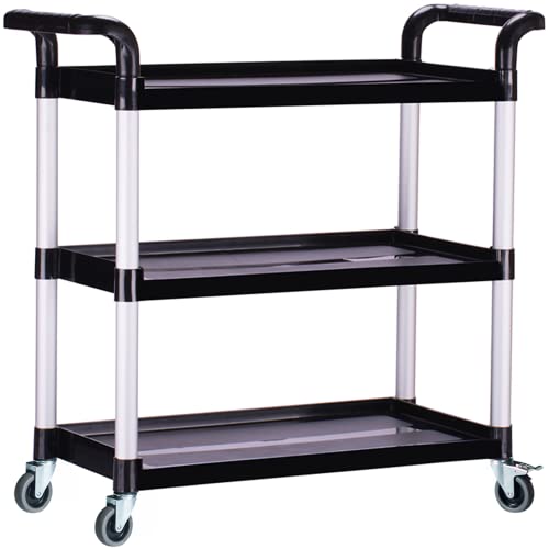PELOEMNS Plastic Utility Carts with Wheels, Heavy Duty 480lbs Capacity Rolling Service Cart, 3-Tier Restaurant Food Cart with Hammer for Office, Warehouse, Garage (Lockable Wheels, Black)
