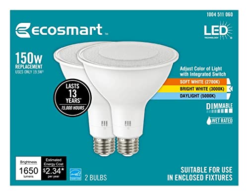 New EcoSmart 150W Equivalent 2700k, 3000k, 5000k Selectable Par 38 Dimmable LED Flood Light Bulb (2-Pack), White