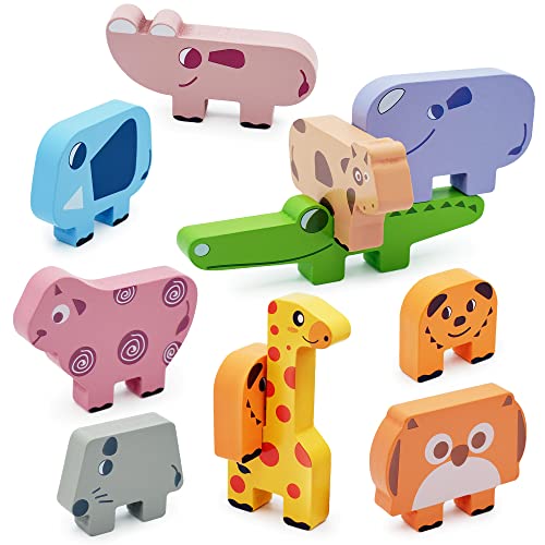 LiKee 10pcs Wooden Stacking Blocks with 10 Cards, Animals Balancing Games Fine Motor Skills Puzzle Montessori Educational Toys for Toddlers Kids Boys Girls Age 3+ Years Old