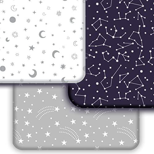 GROW WILD Pack n Play Stretchy Fitted Sheet Set | 3-Pack Portable Mini Crib Sheets, Convertible Playard Mattress Cover, Pack and Play Sheets, Ultra Soft Material, Blue White Gray Stars Constellations