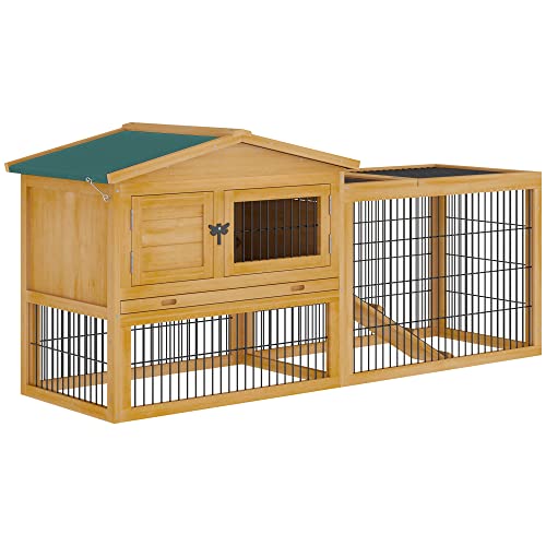 PawHut 2 Levels Wooden Rabbit Hutch Bunny Hutch House Guinea Pig Cage with Trough, Run Space, Removable Tray, Ramp and Openable Roof for Outdoor, Yellow