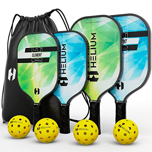 Helium Element Pickleball Family 4-Pack – 2 Child-Size & 2 Adult-Size Paddles, Lightweight Pickleball Set with Honeycomb Core, Graphite Strike Face, 4 Pickleballs & Convenient Drawstring Bag